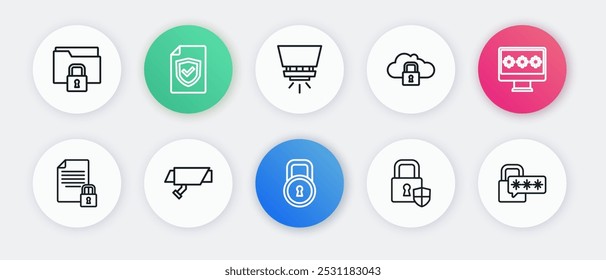 Set line Lock, Monitor with password, Document and lock, Shield security, Cloud computing, Fire sprinkler system, Cyber and Security camera icon. Vector