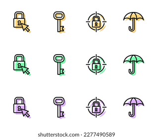 Set line Lock, Old key and Umbrella icon. Vector