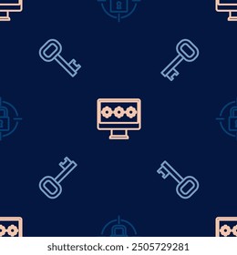 Set line Lock, Old key and Monitor with password on seamless pattern. Vector