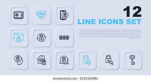 Establecer línea de bloqueo, llave vieja, escudo de seguridad con bloqueo, carpeta y, casa bajo protección, Contraseña e ícono. Vector