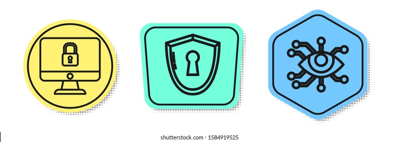 Set line Lock on computer monitor screen, Shield with keyhole  and Eye scan . Colored shapes. Vector