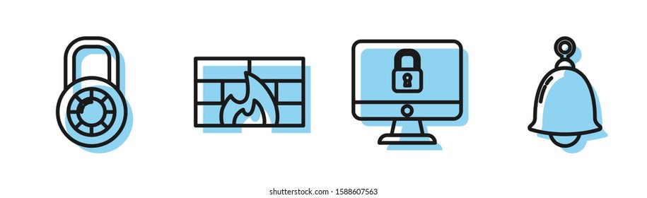 Set line Lock on computer monitor screen, Safe combination lock wheel , Firewall, security wall  and Ringing bell  icon. Vector