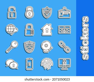 Set line Lock on computer monitor screen, Firewall, security wall, Shield with WiFi wireless internet network, Safe combination lock, Globe key, Open padlock and House under protection icon. Vector
