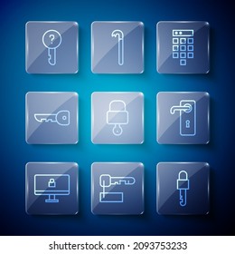 Set line Lock on computer monitor, Marked key, Locked, Password protection, and, Key, Undefined and Door handle icon. Vector