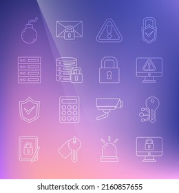 Set line Lock on computer monitor, Cryptocurrency key, Monitor with exclamation mark, Exclamation in triangle, Server security lock, Server, Data, Web Hosting, Bomb ready explode and  icon. Vector