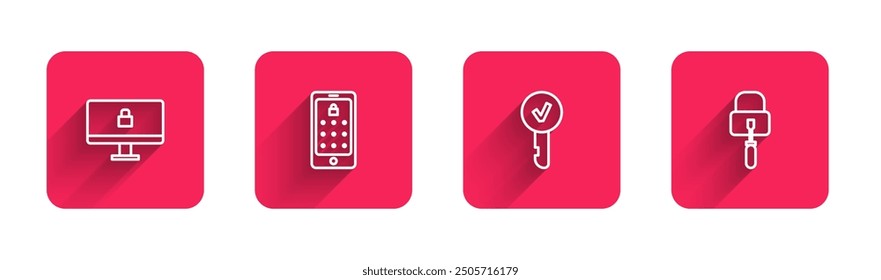 Set line Lock on computer monitor, Mobile and graphic password, Key and picks for lock picking with long shadow. Red square button. Vector