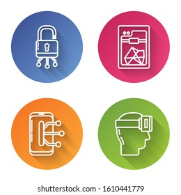 Set line Lock on digital circuit board, 3D printer, Smartphone, mobile phone and Virtual reality glasses. Color circle button. Vector