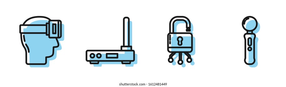 Set line Lock on digital circuit board, Virtual reality glasses, Router and wi-fi signal and Gamepad icon. Vector