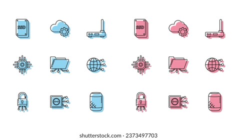 Set line Lock on digital circuit board, Remote control, SSD card, Voice assistant, Folder and lock, Global technology or social network, Processor and Cloud data transfer storage icon. Vector