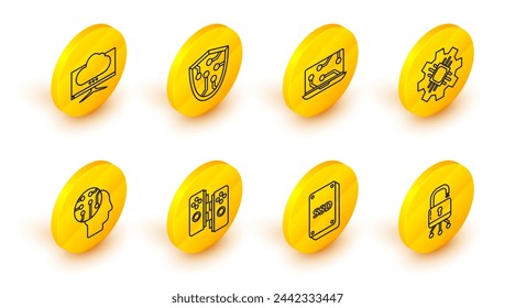 Set line Lock on digital circuit board, SSD card, Gamepad, Human brain as, Processor, Laptop, Cyber security and Computer monitor screen icon. Vector