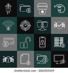 Set line Lock on monitor, Server security with lock, Cyber, Cooler bag, Time Management, Wifi locked, Retro wall watch and FTP folder and icon. Vector