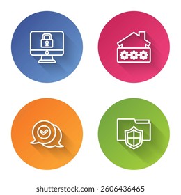 Set line Lock on monitor, House with password, Check mark in speech bubble and Document folder protection. Color circle button. Vector