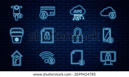 Set line Lock on monitor, Smartphone with lock, Cloud api interface, Document and, Cooler bag, Electric scooter, Open padlock and Credit card icon. Vector