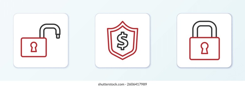 Set line Lock, Open padlock and Shield with dollar icon. Vector