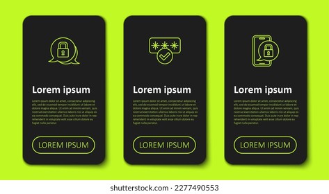 Set line Lock, Password protection and Mobile with closed padlock. Business infographic template. Vector