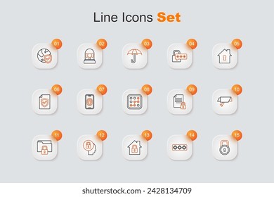 Set line Lock, Password protection, House under, Folder and lock, Security camera, Document and Graphic password icon. Vector