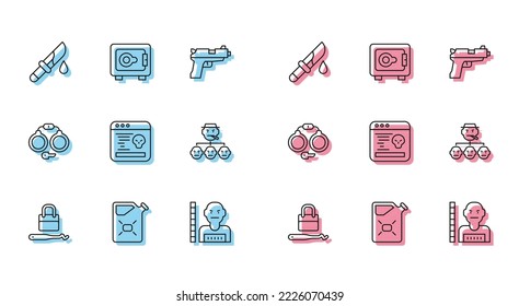 Fijar la línea Bloquear las escotillas para recoger el candado, el combustible del cartucho, el cuchillo Sangriento, el sospechoso criminal, el fallo del sistema, la mafia, las esposas y el icono Seguro. Vector
