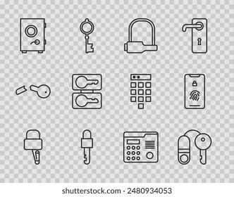 Set line Lock picks for lock picking, House with key, Bicycle, Locked, Safe, Casting keys, intercom system and Mobile fingerprint scan icon. Vector