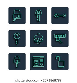 Set line Lock picks for lock picking, House intercom system, Open padlock, Old key, Broken cracked, Undefined, repair and Password protection icon. Vector