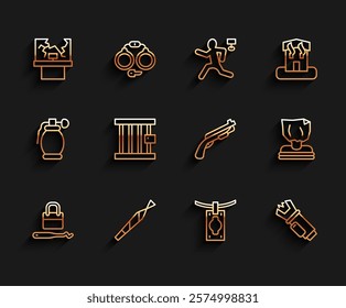 Set line Lock picks for lock picking, Marijuana joint, Broken window, Money laundering, Police electric shocker, Prison, Kidnaping and shotgun icon. Vector