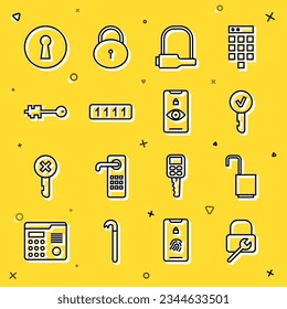 Establecer la reparación de bloqueo de línea, abrir candado, tecla, bicicleta, protección de contraseña, tecla antigua, teclado y icono de exploración de ojos. Vector