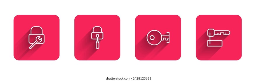 Set line Lock repair, picks for lock picking, Key and Marked key with long shadow. Red square button. Vector