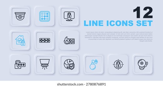 Set line Lock, Ringing alarm bell, Password protection, Bomb, House under, Fire sprinkler system, Graphic password and Shield with world globe icon. Vector