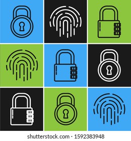 Set line Lock , Safe combination lock  and Fingerprint  icon. Vector
