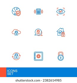 Fijar la línea Lock, Safe, House under protection, Cloud computing lock, Eye scan y Security keypad access panel icono. Vector