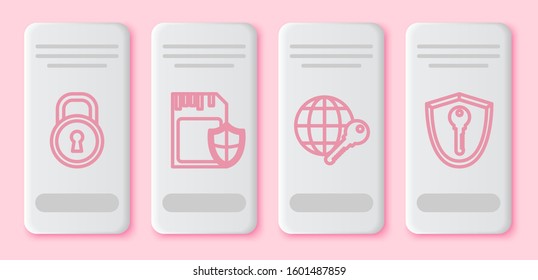 Set line Lock , SD card and shield , Globe key  and Shield with key . White rectangle button. Vector