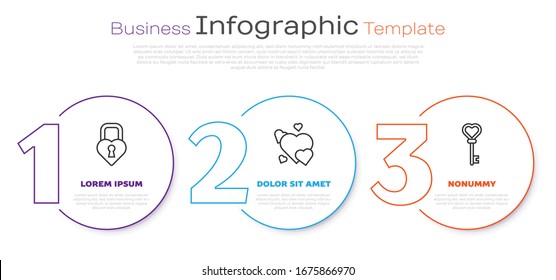 Fije el bloqueo de línea en forma de corazón, corazón y clave en forma de corazón. Plantilla de infografía empresarial. Vector