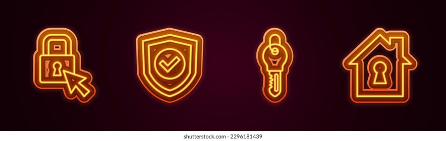 Set line Lock, Shield with check mark, Key and House under protection. Glowing neon icon. Vector