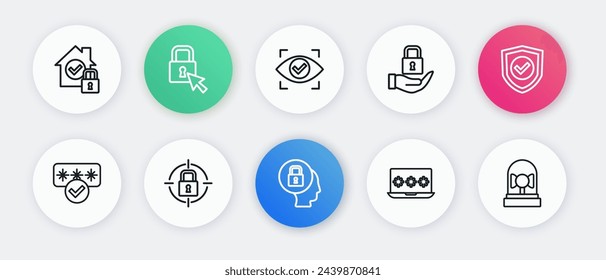 Set line Lock, Shield with check mark, Password protection, Laptop password, Eye scan, Ringing alarm bell and  icon. Vector