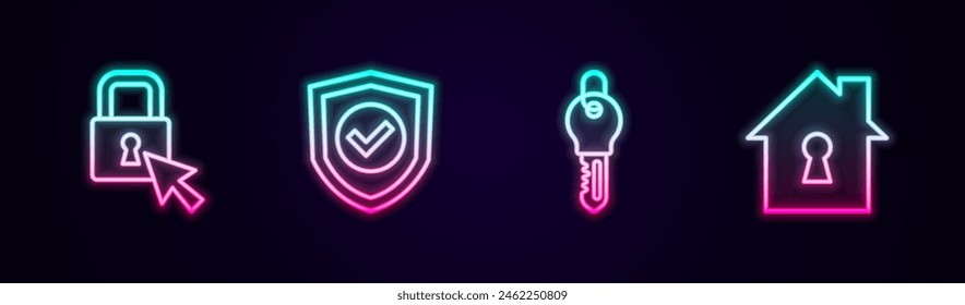 Fije la línea de Bloqueo, Escudo con marca de verificación, Llave y Casa bajo protección. Icono de neón brillante. Vector