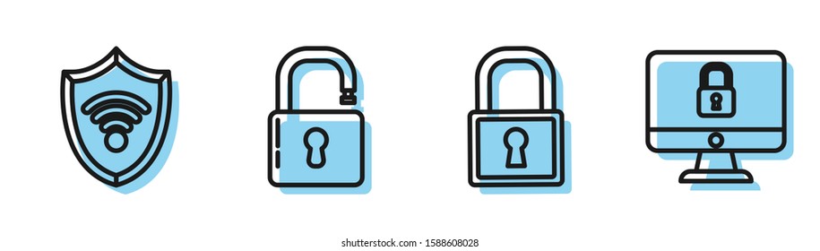Set line Lock , Shield with WiFi wireless internet network, Open padlock  and Lock on computer monitor screen icon. Vector