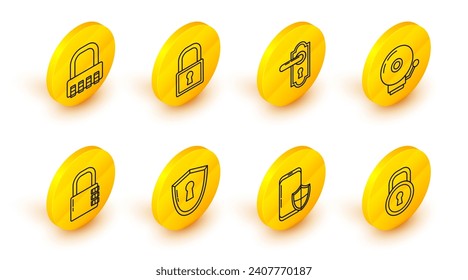 Set line Lock, Smartphone with security shield, Shield keyhole, Safe combination lock, Ringing alarm bell, Door handle,  and  icon. Vector