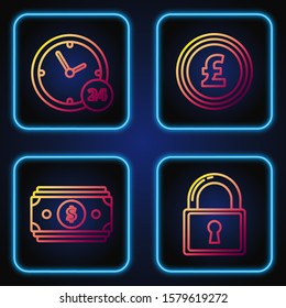 Set line Lock, Stacks paper money cash, Clock 24 hours and Coin money with pound sterling symbol. Gradient color icons. Vector