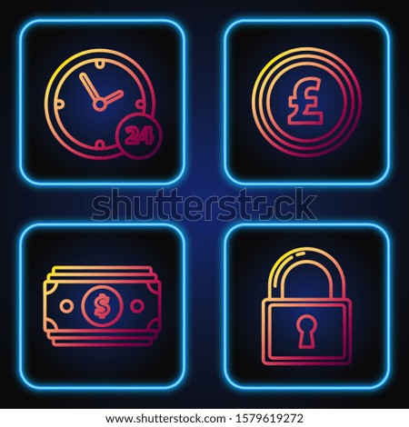 Set line Lock, Stacks paper money cash, Clock 24 hours and Coin money with pound sterling symbol. Gradient color icons. Vector