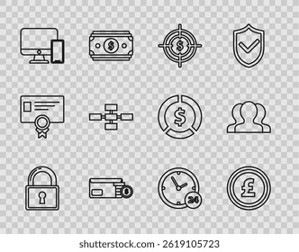 Set line Lock, Target dollar, Envelope coin, Computer monitor and mobile phone, Business hierarchy organogram chart infographics, Clock 24 hours and Users group icon. Vector
