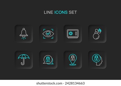 Set line Lock, Umbrella, Bomb, Safe, Eye scan and Ringing alarm bell icon. Vector