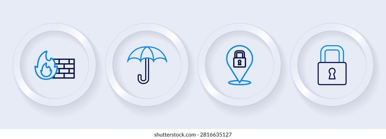 Set line Lock, Umbrella and Firewall, security wall icon. Vector