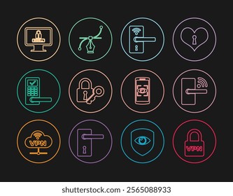 Set line Lock VPN, Digital door lock with wireless, and key, Monitor password, Mobile eye scan and Bezier curve icon. Vector