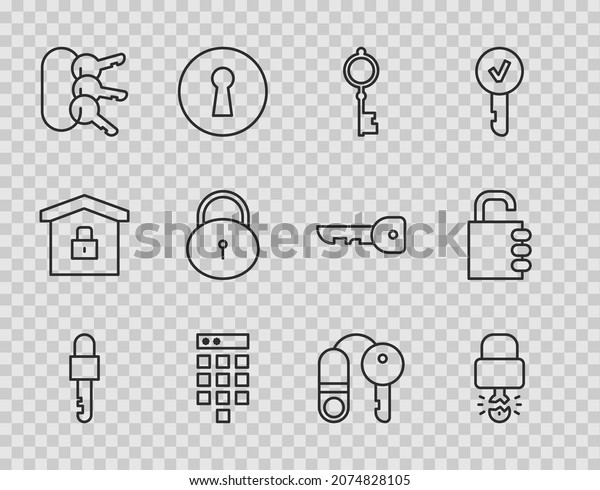 Set line Locked key, Key broke inside of padlock,
Old, Password protection, Bunch keys, House with and Safe
combination icon. Vector