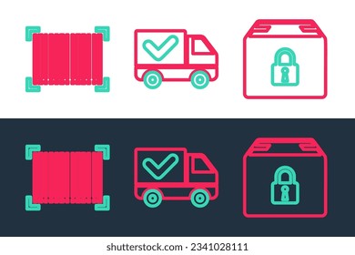 Set line Locked package, Barcode and Delivery truck with check mark icon. Vector