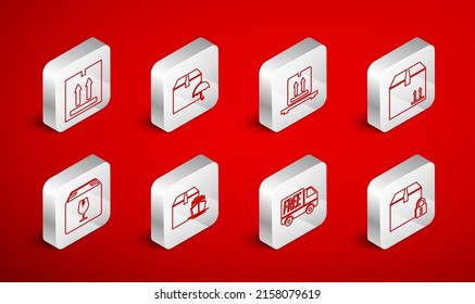 Set line Locked package, Delivery with umbrella, Cardboard boxes on pallet, traffic, Free delivery service, Cargo ship and fragile content icon. Vector