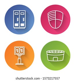 Set line Locker or changing room for football, basketball team or workers, Football club logo, Sport football mechanical scoreboard and result display and Football stadium. Color circle button. Vector