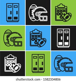 Set line Locker or changing room for football, basketball team or workers, Planning strategy concept and American Football ball and helmet icon. Vector