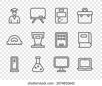 Set line Locker or changing room, Laptop, Exam paper with incorrect answers, Test tube, Graduate and graduation cap, Stage stand, Computer monitor and Book icon. Vector