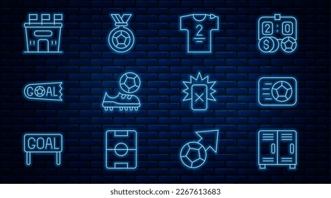 Set line Locker or changing room, Soccer football ball, Football jersey and t-shirt, shoes, Goal soccer, stadium, Red card and medal icon. Vector
