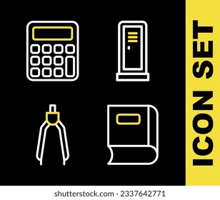 Set line Locker or changing room, Book, Drawing compass and Calculator icon. Vector
